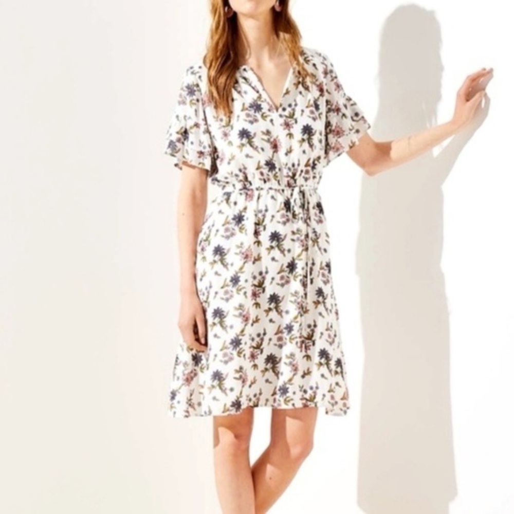 LOFT White Floral V-Neck Tie-Waist Dress